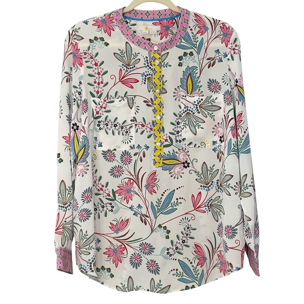 Boden 100% Silk Floral Blouse 16/18R Collarless Contrast Print Long Sleeve